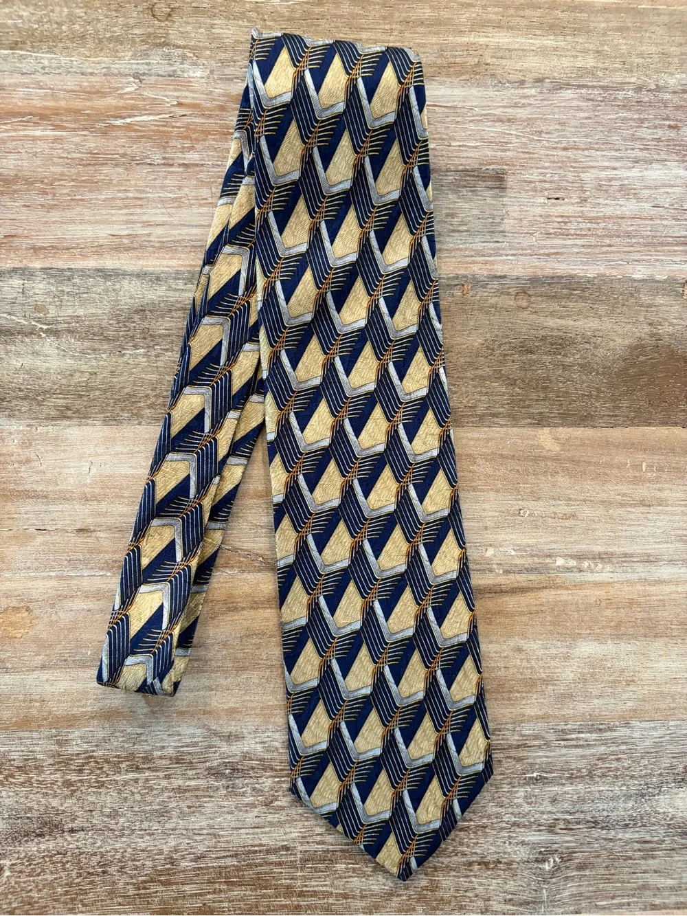 Ermenegildo Zegna 100% Silk “Disegno Esclusivo” Geometric Tie Navy Gold Italy